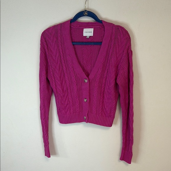 Pink Rose Cropped Cardigan Sweater V-Neck Ribbed Knit - Picture 1 of 9